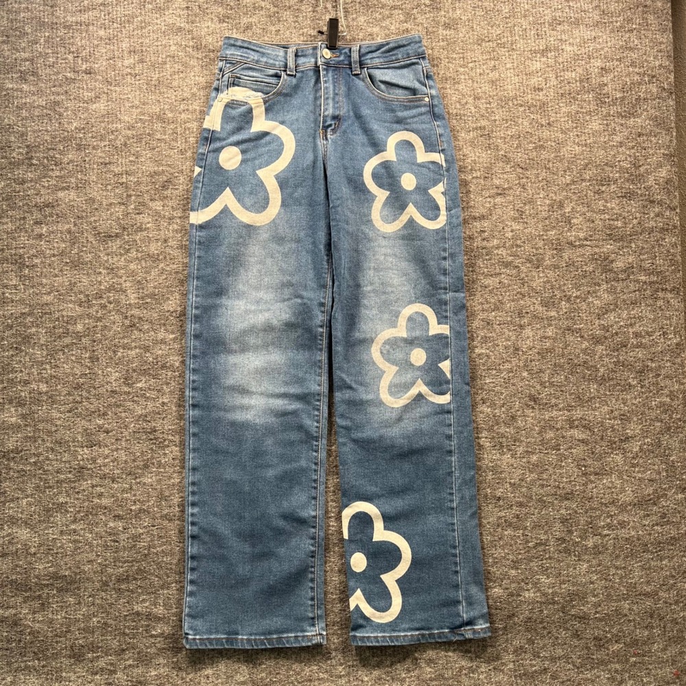 Salvaje Floral Daisy Print Wide Leg Jeans Blue Medium Wash High Rise Size 7 6463